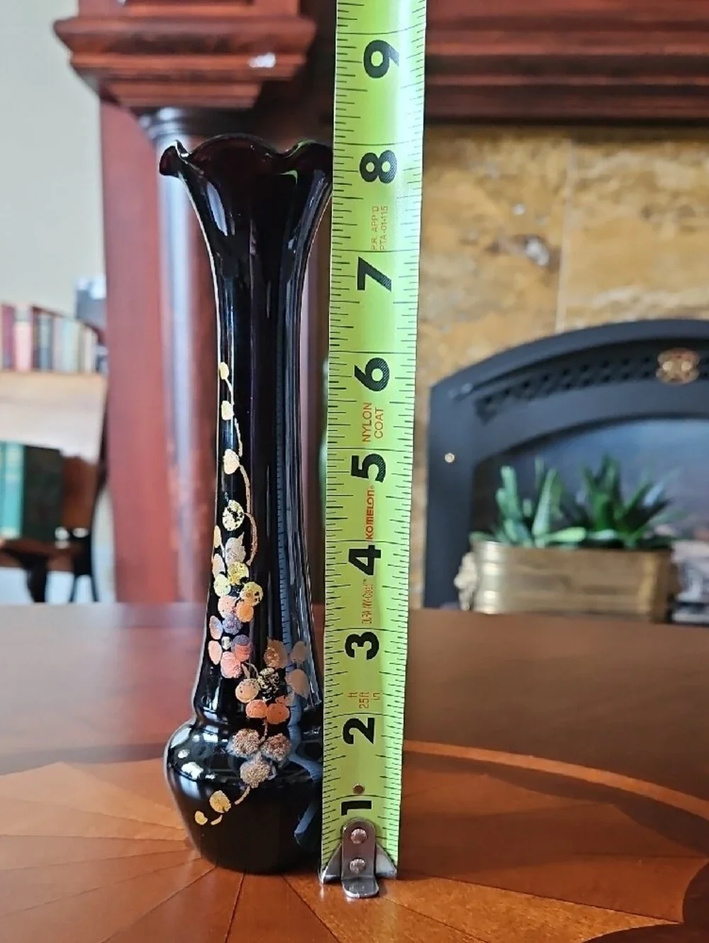 Art Deco Black Amethyst Hand Painted Enamel Floral Gold Ruffled Fluted Bud Vase